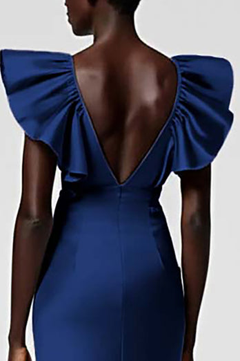 Satin Black Sheath Midi Cocktail Dress with Ruffles