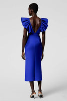Load image into Gallery viewer, Satin Black Sheath Midi Cocktail Dress with Ruffles