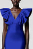 Load image into Gallery viewer, Satin Black Sheath Midi Cocktail Dress with Ruffles