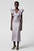 Load image into Gallery viewer, Satin Black Sheath Midi Cocktail Dress with Ruffles