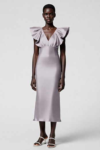 Satin Black Sheath Midi Cocktail Dress with Ruffles