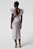 Load image into Gallery viewer, Satin Black Sheath Midi Cocktail Dress with Ruffles