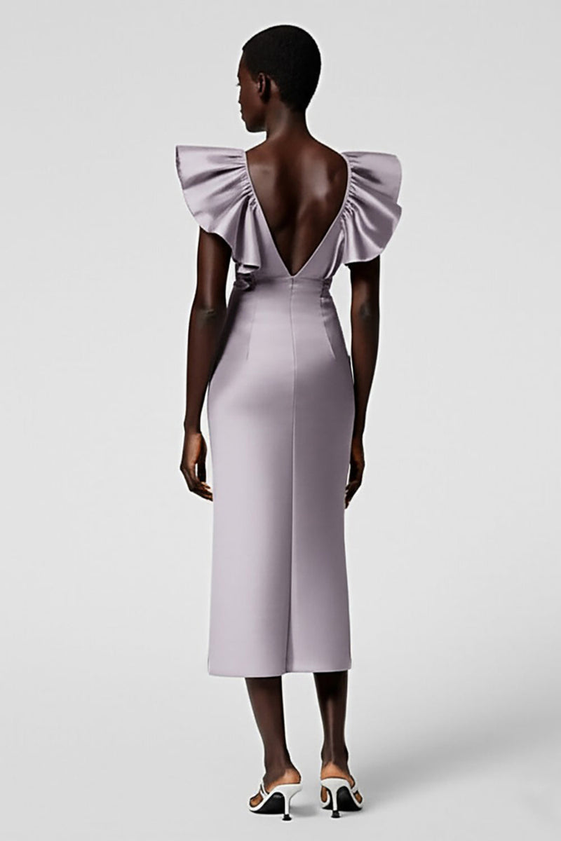 Load image into Gallery viewer, Satin Black Sheath Midi Cocktail Dress with Ruffles