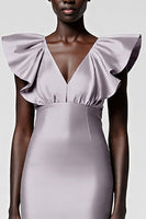 Load image into Gallery viewer, Satin Black Sheath Midi Cocktail Dress with Ruffles