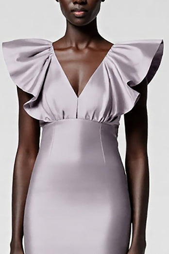 Satin Black Sheath Midi Cocktail Dress with Ruffles