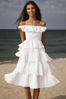 Load image into Gallery viewer, Ivory Tiered Midi Beach Engagement Dress with Ruffles