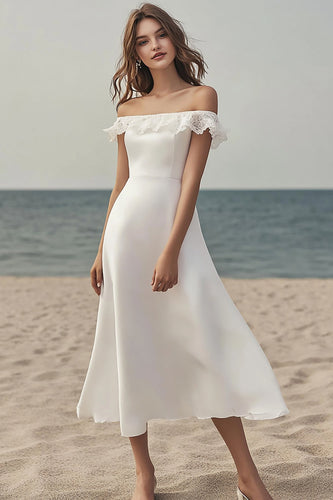 Ivory Satin A Line Maxi Wedding Reception Dress with Lace