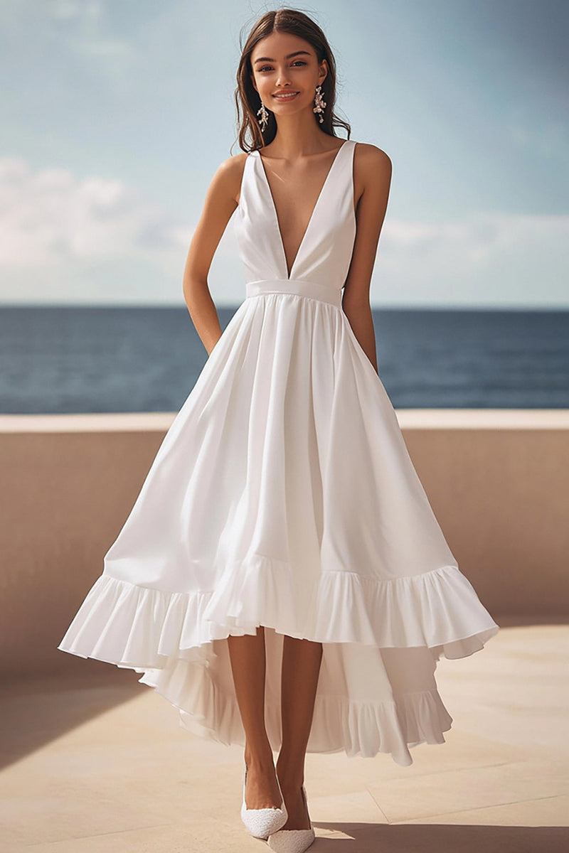 Load image into Gallery viewer, Ivory Satin Deep V-Neck Maxi Engagement Dress