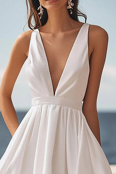 Ivory Satin Deep V-Neck Maxi Engagement Dress