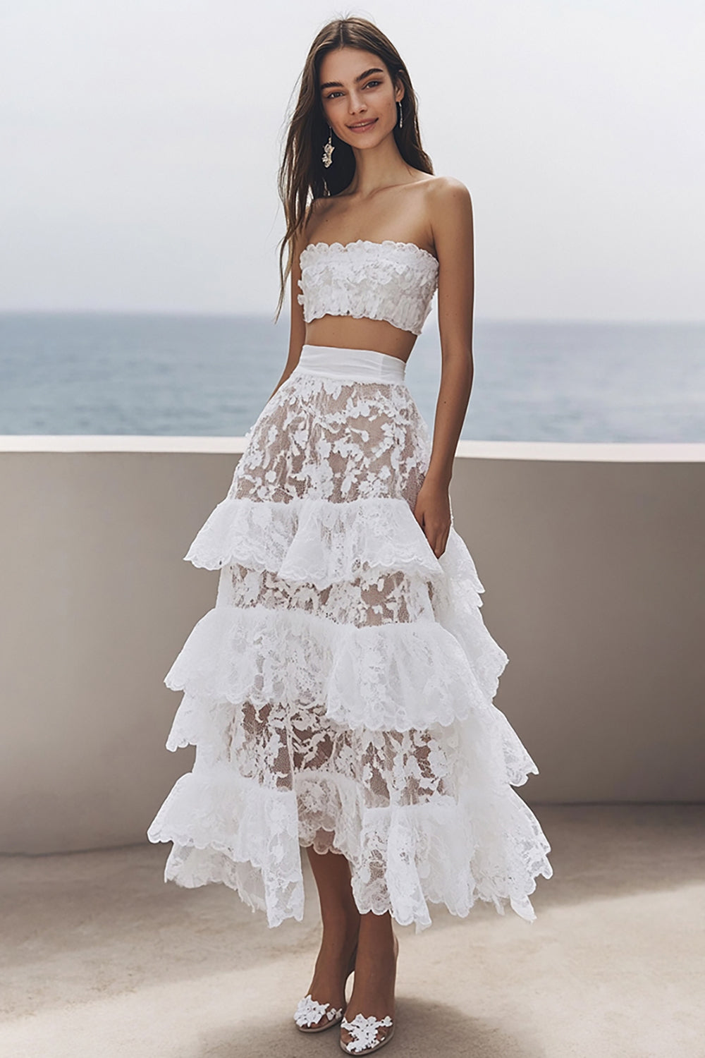 Queendancer Women Ivory Lace 2 Piece Maxi Rehearsal Dinner Dress Tiered Strapless A Line Wedding Reception Dress with Ruffles queendanceruk Queendancer Women Ivory Lace 2 Piece Maxi Rehearsal Dinner Dress Tiered Strapless A Line Wedding Reception Dress with Ruffles queendanceruk