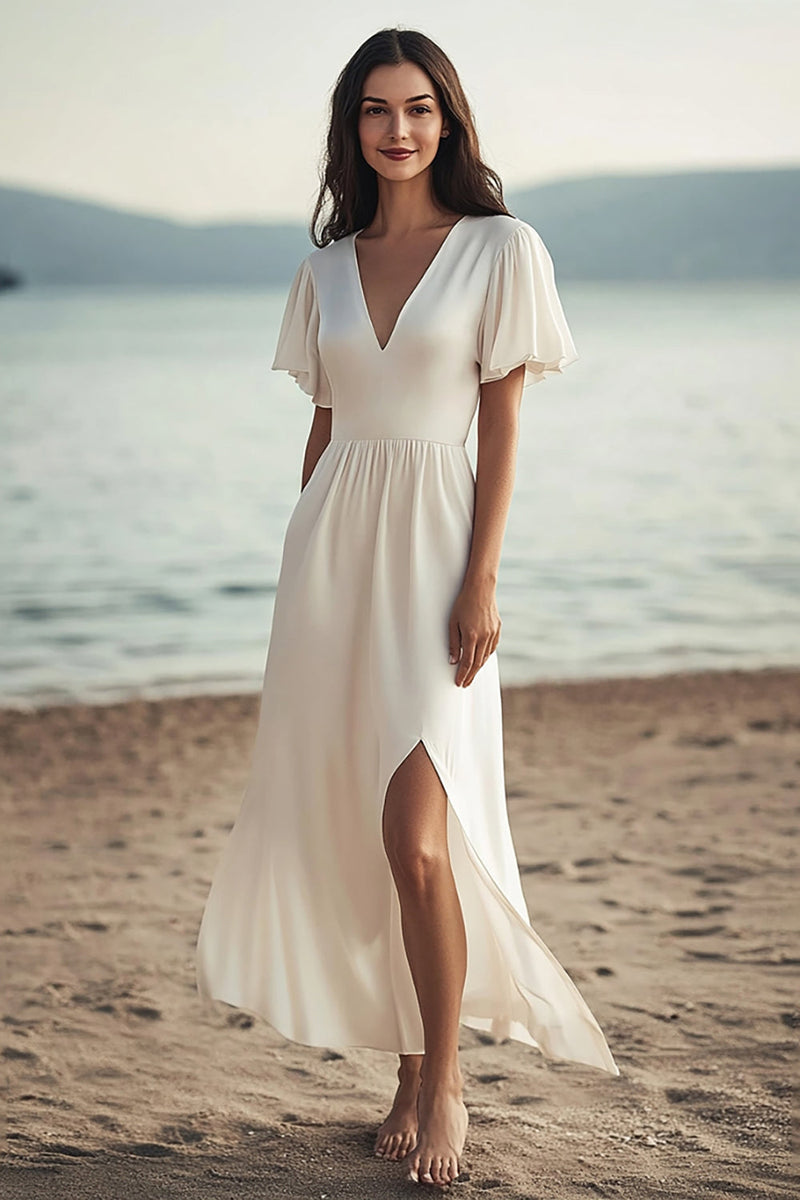 Load image into Gallery viewer, Ivory Chiffon Short Sleeves Maxi Beach Engagement Dress with Slit