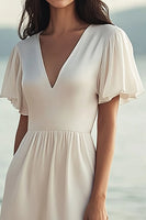 Load image into Gallery viewer, Ivory Chiffon Short Sleeves Maxi Beach Engagement Dress with Slit