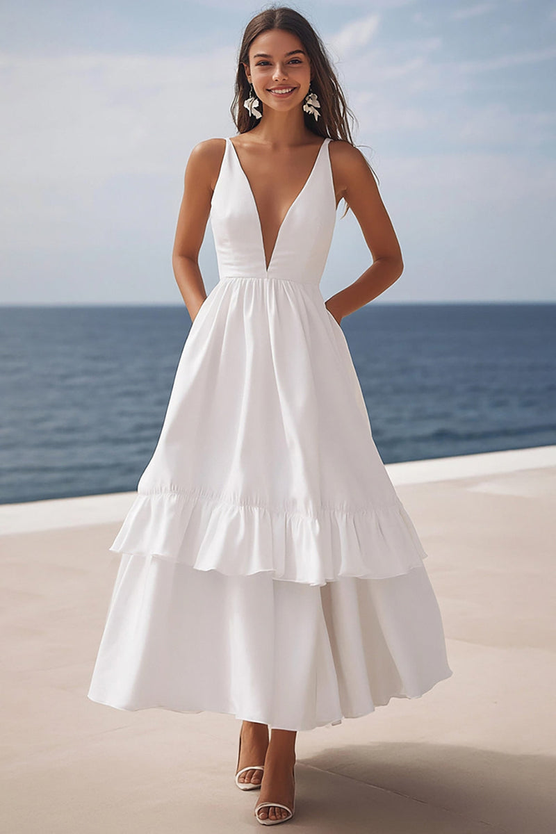 Load image into Gallery viewer, Ivory Deep V-Neck Satin Maxi Rehearsal Dinner Dress with Ruffles