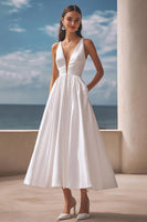 Load image into Gallery viewer, Simple Ivory Deep V-Neck Satin Maxi Wedding Reception Dress