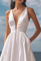 Load image into Gallery viewer, Simple Ivory Deep V-Neck Satin Maxi Wedding Reception Dress