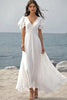 Load image into Gallery viewer, Ivory Ruffled Chiffon Beach Maxi Wedding Reception Dress with Sleeves