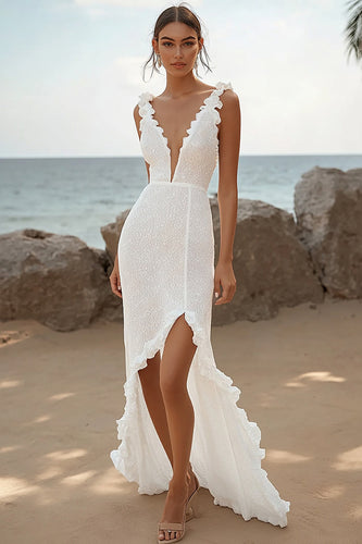 Ivory Lace Deep V-Neck High-Low Rehearsal Dinner Dress with Ruffles