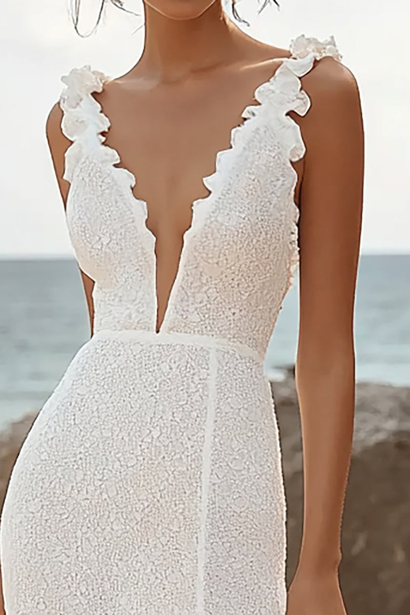 Load image into Gallery viewer, Ivory Lace Deep V-Neck High-Low Rehearsal Dinner Dress with Ruffles