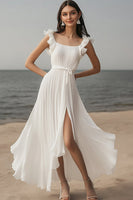Load image into Gallery viewer, Ivory Chiffon Ruffled Pleated Beach Maxi Engagement Dress with Sash