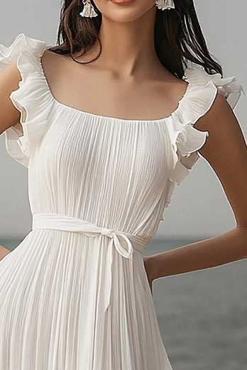 Ivory Chiffon Ruffled Pleated Beach Maxi Engagement Dress with Sash