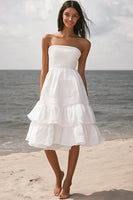 Load image into Gallery viewer, Ivory Strapless Beach Midi Engagement Dress with Ruffles