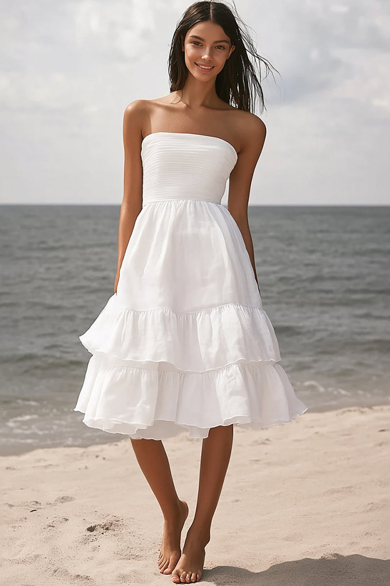 Load image into Gallery viewer, Ivory Strapless Beach Midi Engagement Dress with Ruffles