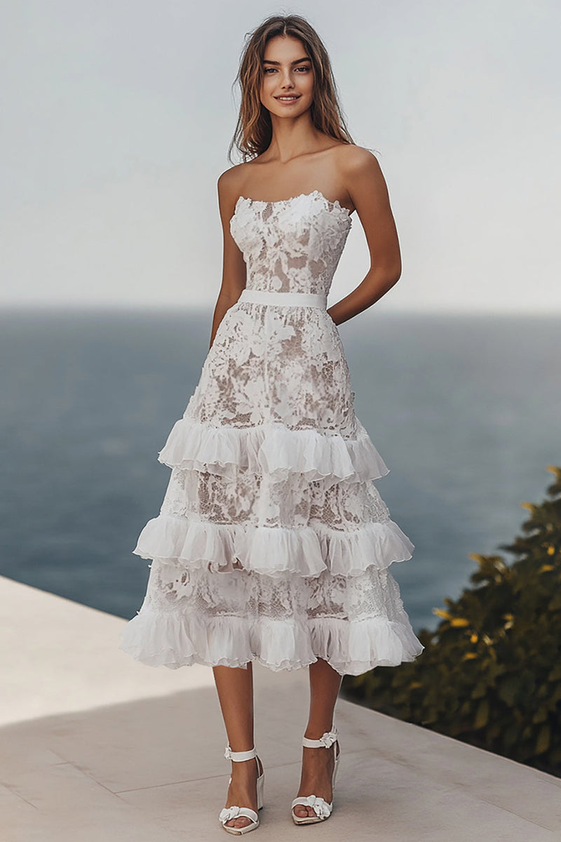 Load image into Gallery viewer, Ivory Beach Lace Strapless Maxi Wedding Reception Dress with Ruffles