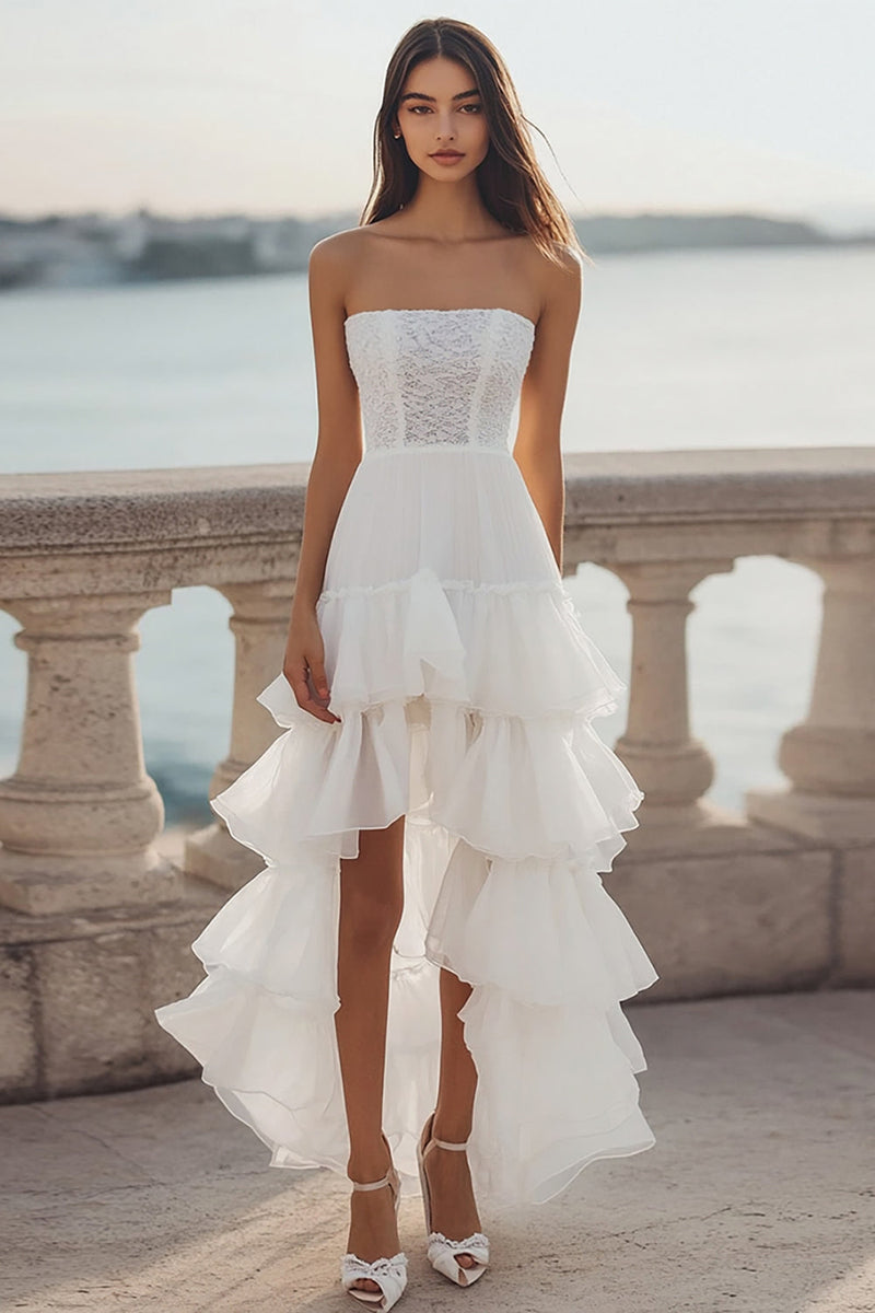 Load image into Gallery viewer, Ivory Organza Tiered High-Low Engagement Dress with Ruffles