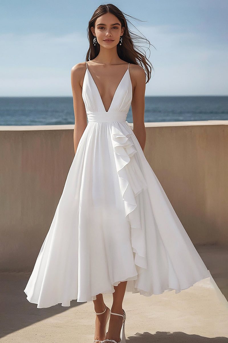 Load image into Gallery viewer, Ivory Satin Spaghetti Straps Maxi Rehearsal Dinner Dress with Ruffles