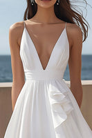Load image into Gallery viewer, Ivory Satin Spaghetti Straps Maxi Rehearsal Dinner Dress with Ruffles