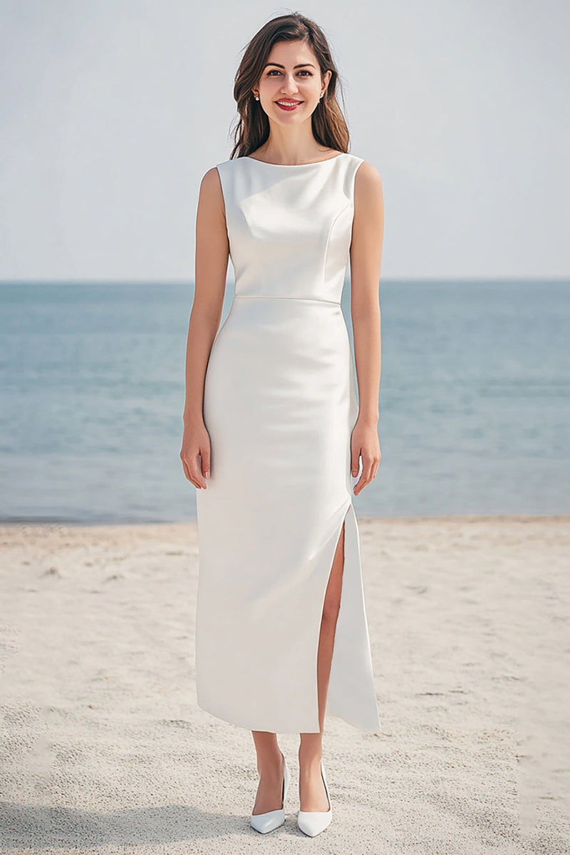 Load image into Gallery viewer, Ivory Satin Sheath Maxi Wedding Reception Dress with Slit