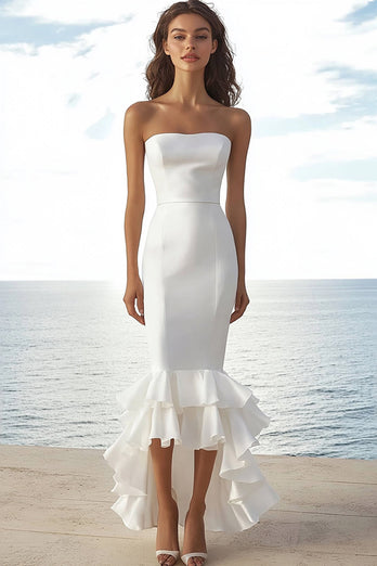 Ivory Mermaid Strapless High-Low Wedding Reception Dress with Ruffles