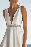 Load image into Gallery viewer, Sparkly Ivory V-Neck Maxi Satin Rehearsal Dinner Dress with Beading