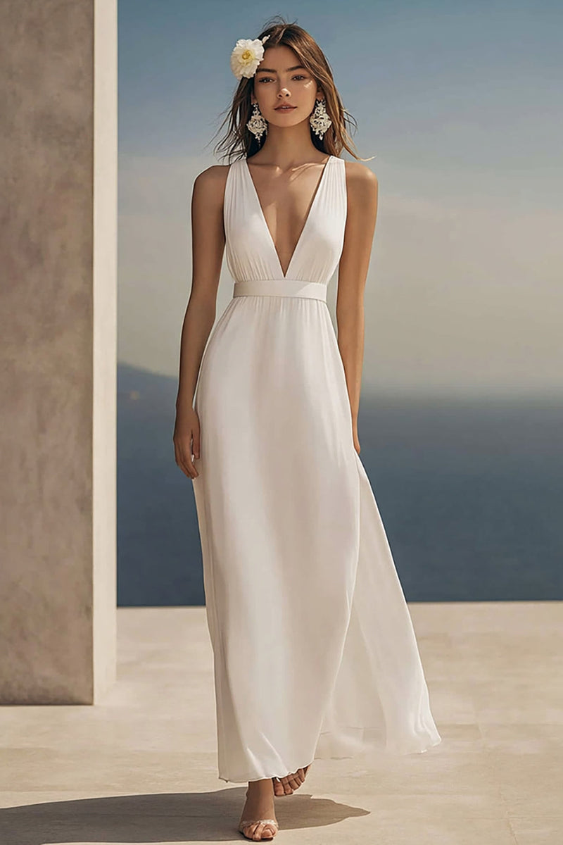 Load image into Gallery viewer, Ivory Deep V-Neck Chiffon Beach Maxi Engagement Dress
