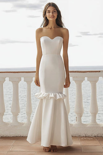 Ivory Mermaid Sweetheart Maxi Satin Wedding Reception Dress with Ruffles