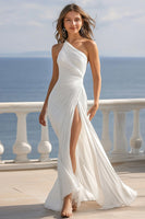 Load image into Gallery viewer, Ivory Ruched One Shoulder Beach Maxi Engagement Dress with Slit