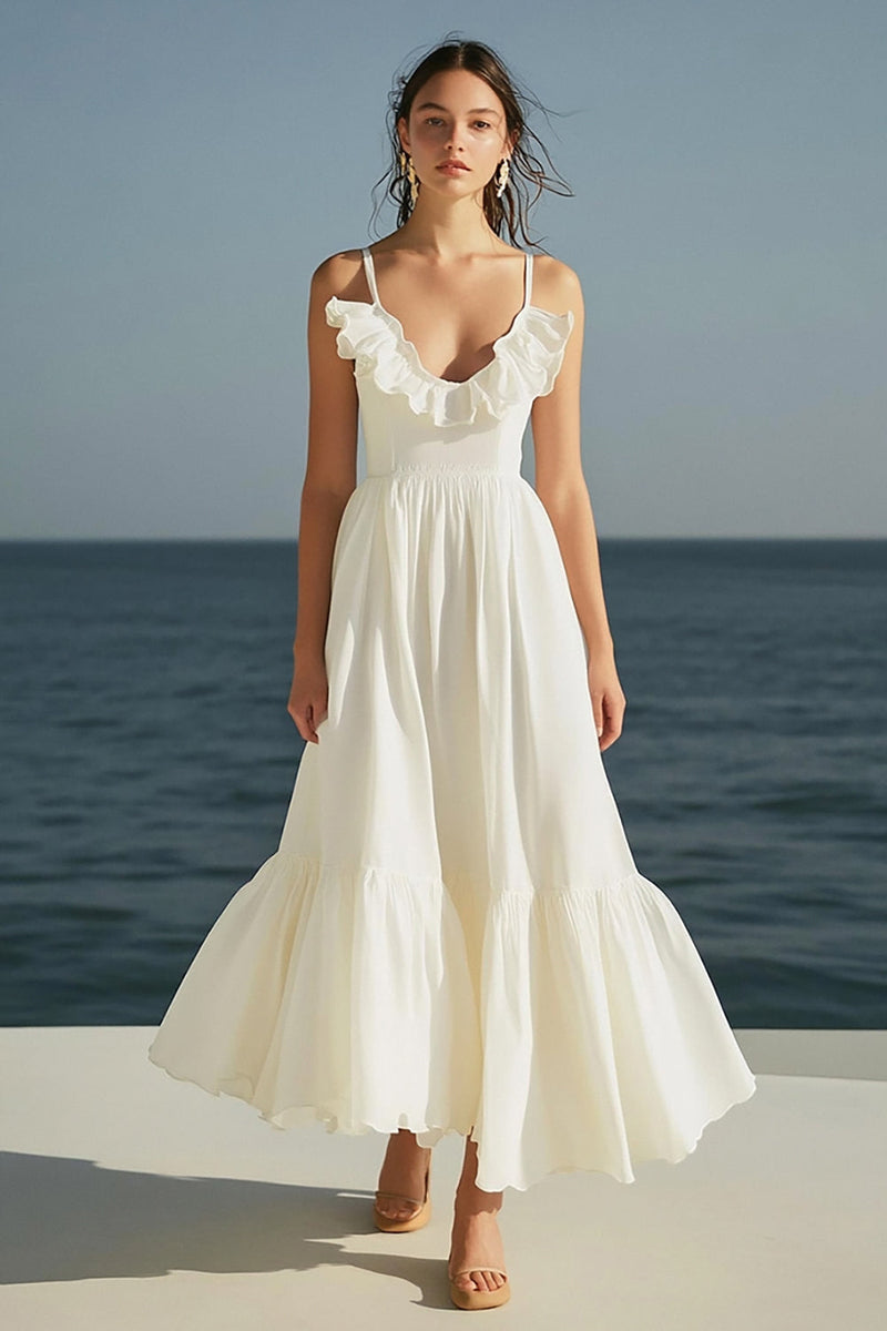 Load image into Gallery viewer, Ivory Spaghetti Straps Beach Maxi Engagement Dress with Ruffles