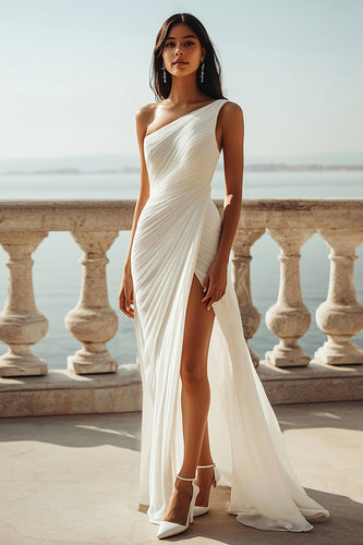 Women Ivory Beach Maxi Engagement Dress with Slit A Line Chiffon One Shoulder Ruched Rehearsal Dinner Dress