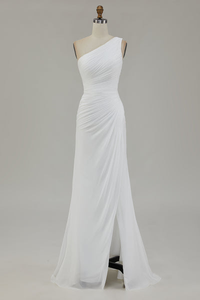 Ivory One Shoulder Chiffon Beach Maxi Engagement Dress with Slit