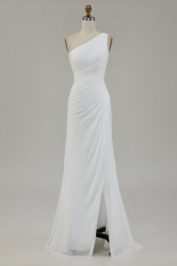 Ivory One Shoulder Chiffon Beach Maxi Engagement Dress with Slit