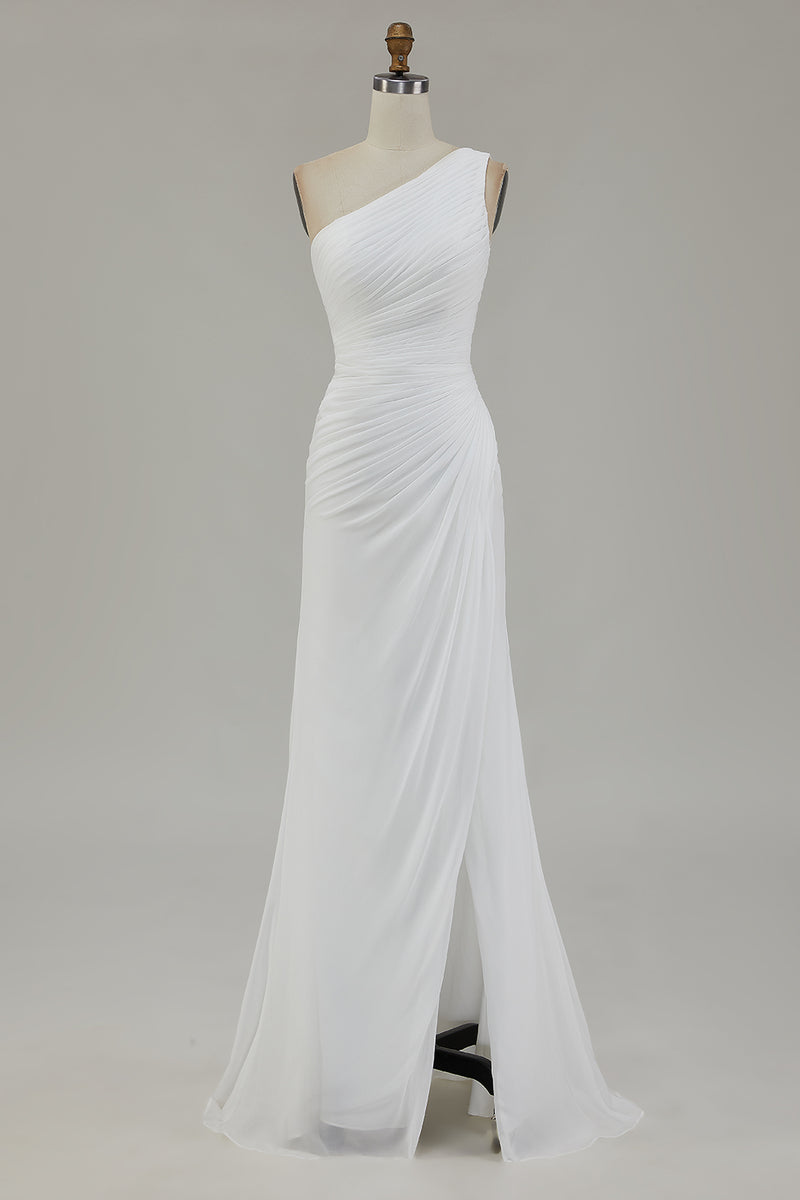 Load image into Gallery viewer, Ivory One Shoulder Chiffon Beach Maxi Engagement Dress with Slit
