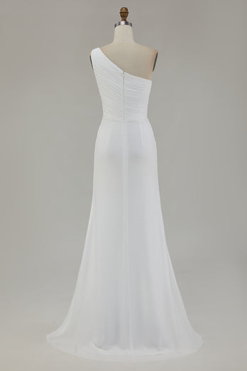Ivory One Shoulder Chiffon Beach Maxi Engagement Dress with Slit