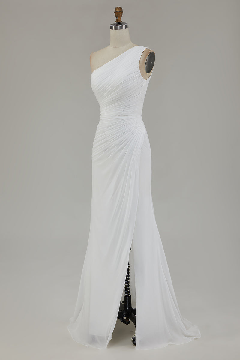 Load image into Gallery viewer, Ivory One Shoulder Chiffon Beach Maxi Engagement Dress with Slit
