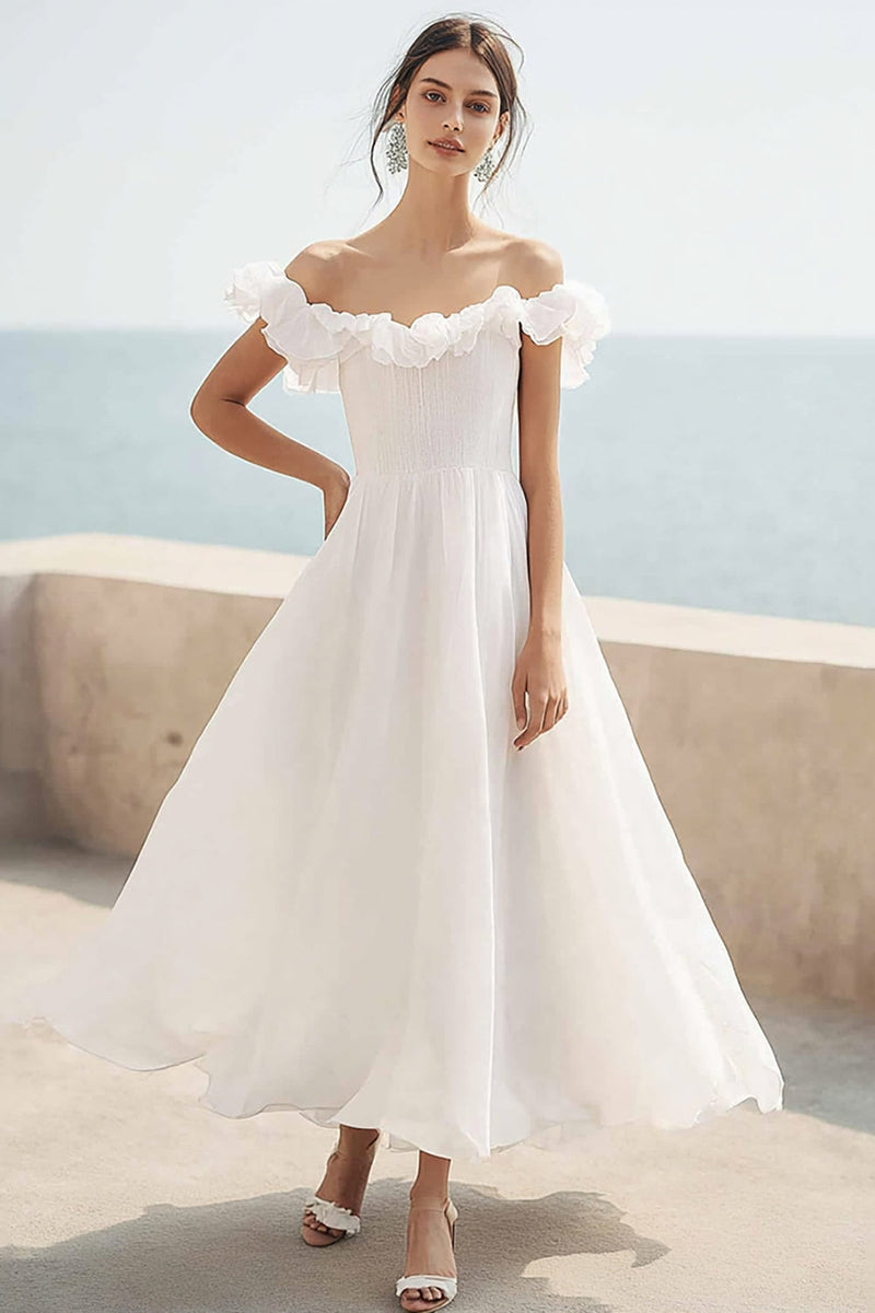 Load image into Gallery viewer, Ivory A Line Ruffled Maxi Chiffon Wedding Reception Dress