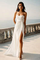 Load image into Gallery viewer, Ivory Ruched Sweetheart Beach Maxi Engagement Dress with Slit