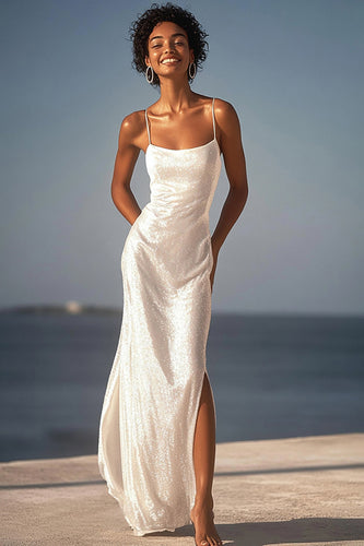 Sparkly Ivory Sequin Sheath Maxi Wedding Reception Dress with Slit