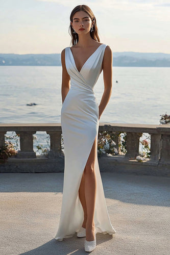 Ivory Ruched Satin Sheath Maxi Rehearsal Dinner Dress with Slit