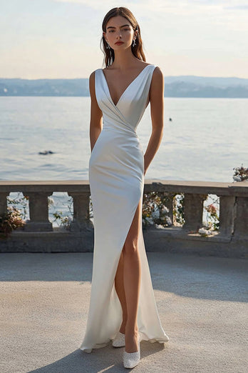 Ivory Ruched Satin Sheath Maxi Rehearsal Dinner Dress with Slit
