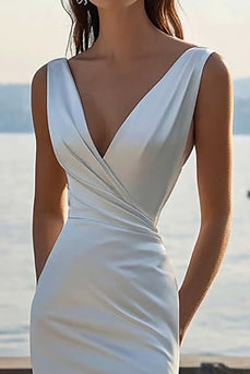 Ivory Ruched Satin Sheath Maxi Rehearsal Dinner Dress with Slit