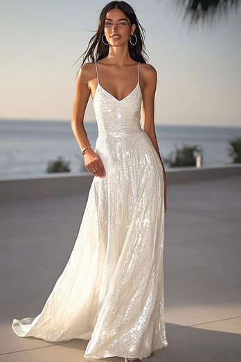 Sparkly Ivory Sequin Spaghetti Straps Maxi Wedding Reception Dress